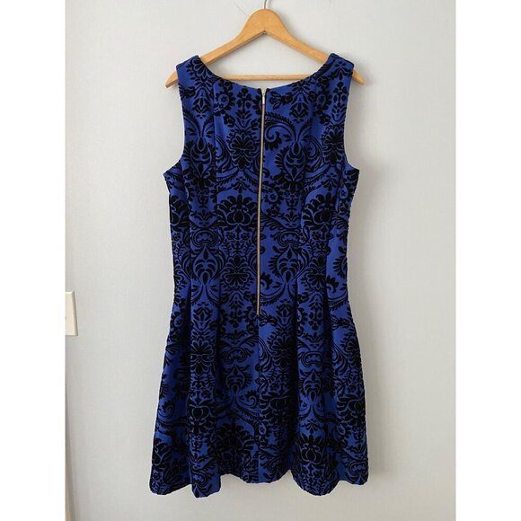 Siouni & Zar Sleeveless Size 14 Blue & Black Floral Velvet Dress With Pockets - Picture 4 of 11
